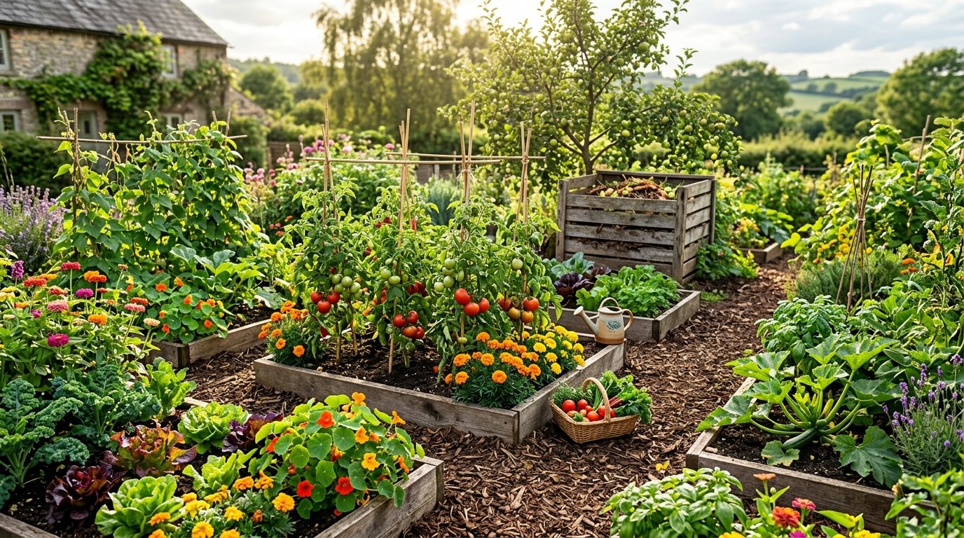 Un jardin en permaculture luxuriant démontrant la biodiversité et les associations de plantes