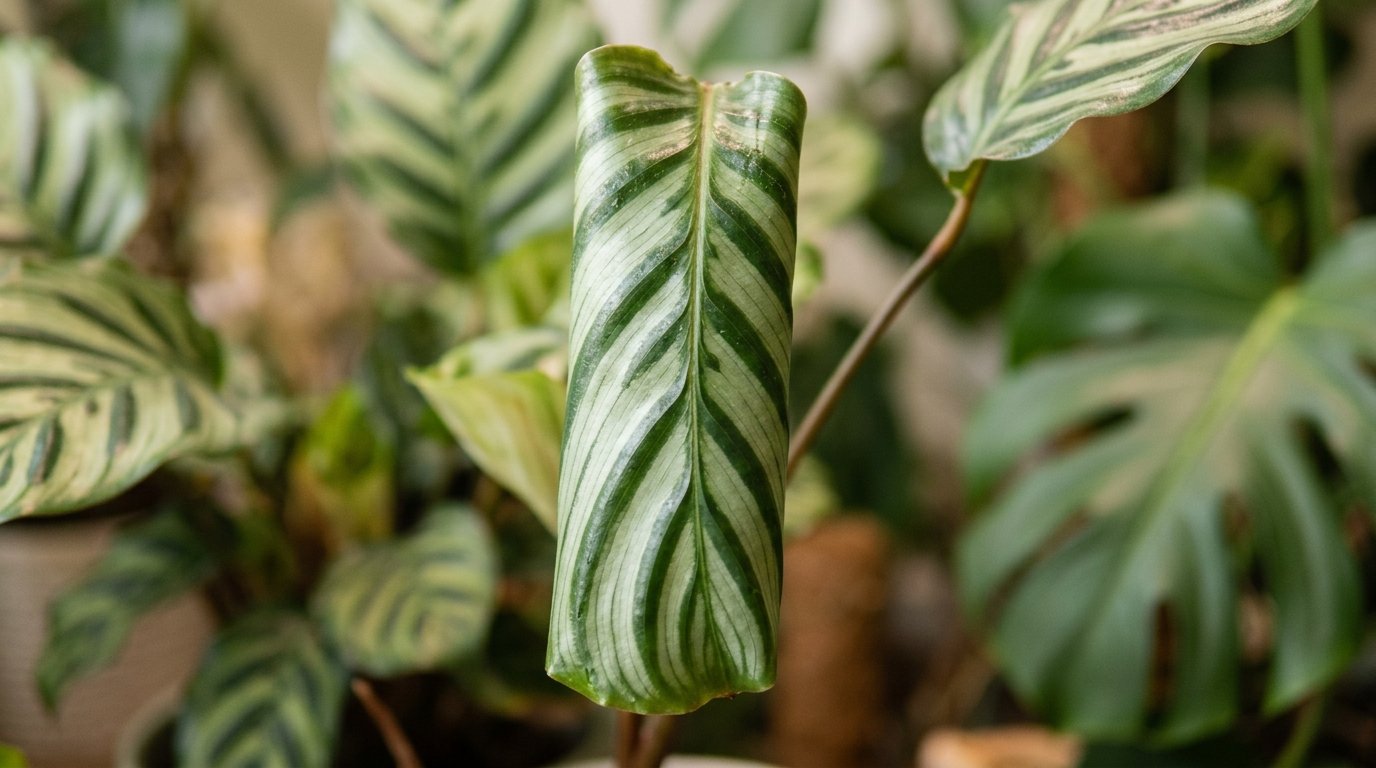 Gros plan d'une feuille de Calathea orbifolia qui s'enroule