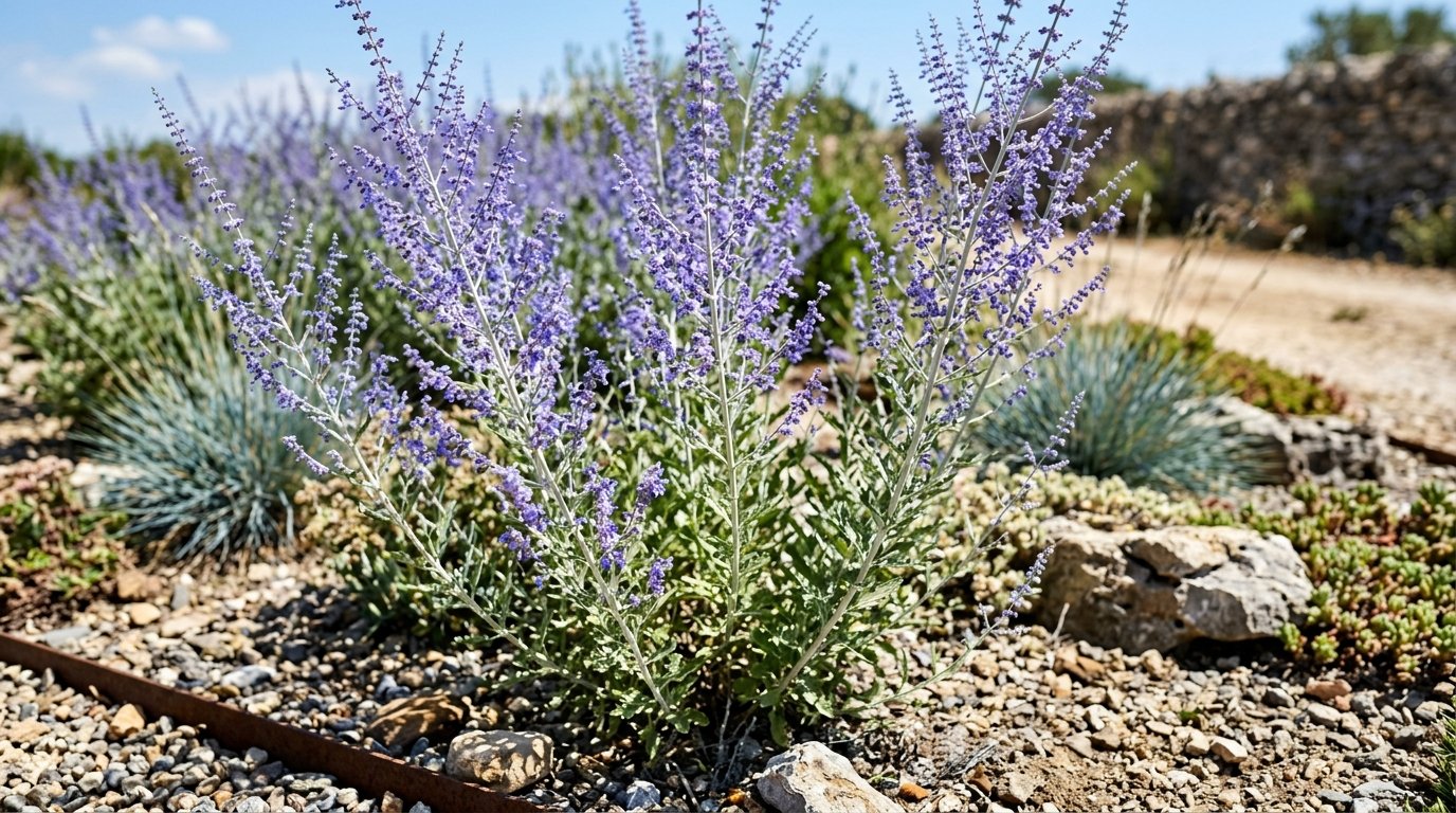 Perovskia aux fleurs bleues et feuillage argenté