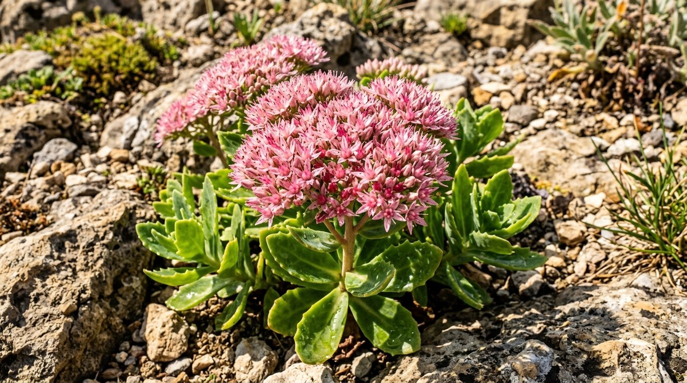 Fleurs roses de Sedum avec feuilles charnues