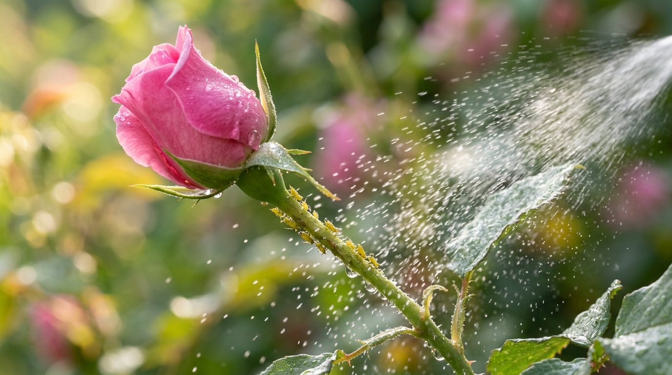 Pucerons verts sur un bouton de rosier traités avec un spray naturel