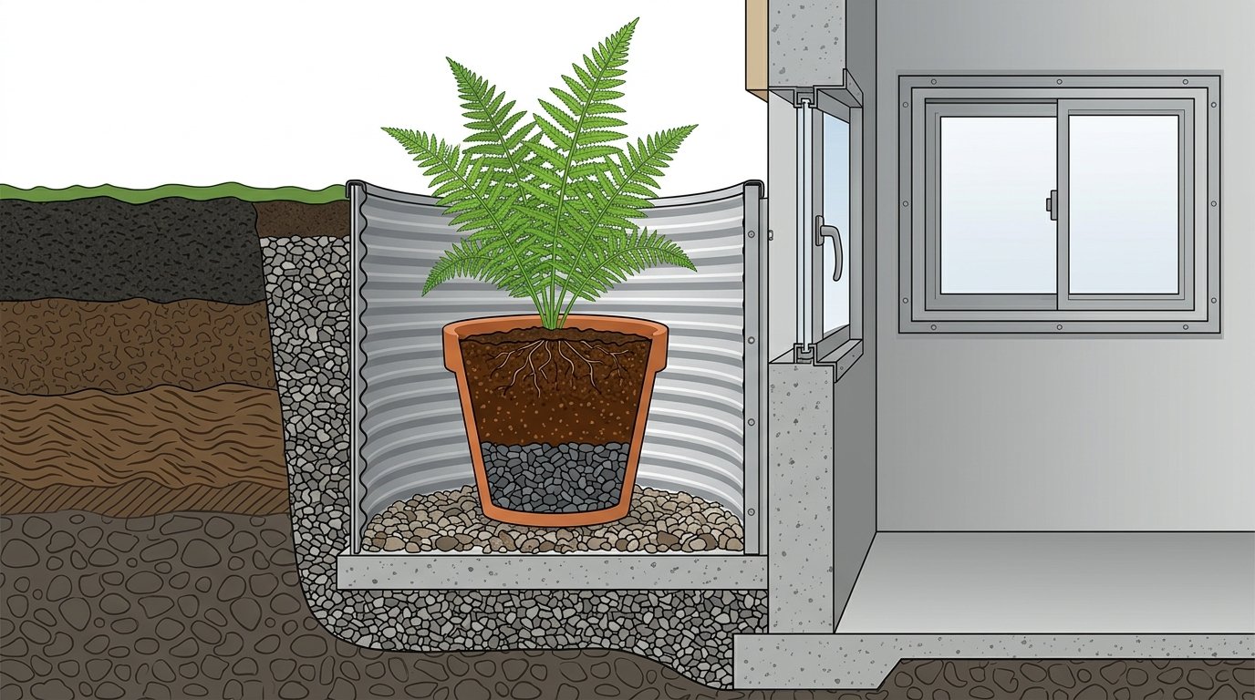 Schéma explicatif montrant une margelle de sous-sol avec un pot surélevé contenant du gravier et du terreau