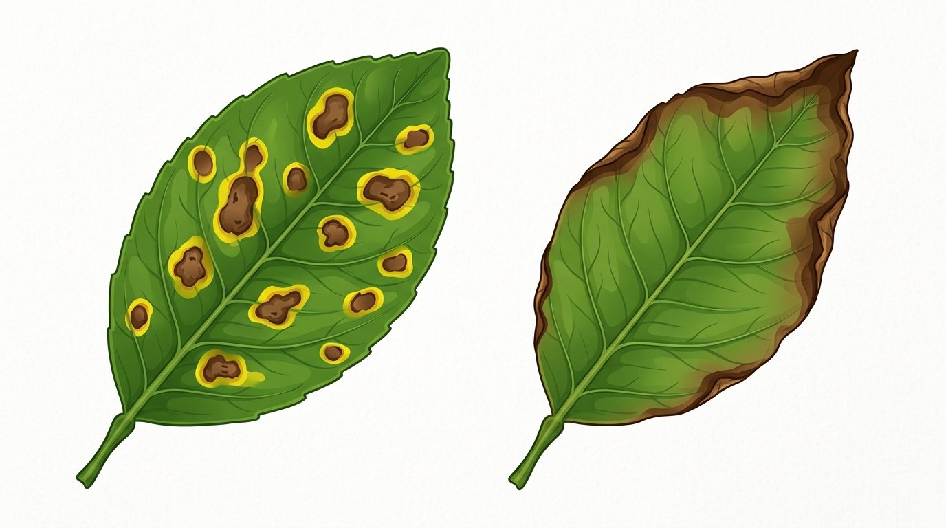 Schéma botanique éducatif comparant une feuille de citronnier avec des taches fongiques rondes et une feuille avec des brûlures sur les bords