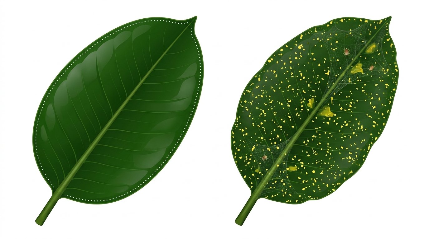 Schéma botanique éducatif comparant une feuille de Ficus saine avec des points sur les bords et une feuille malade couverte de points jaunes au centre