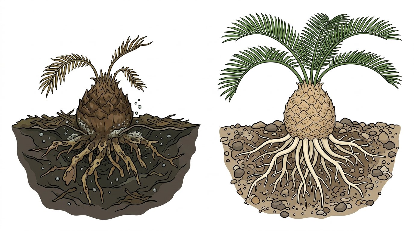 Schéma botanique éducatif comparant des racines de cycas pourries dans un sol gorgé d'eau et des racines saines dans un sol caillouteux sec