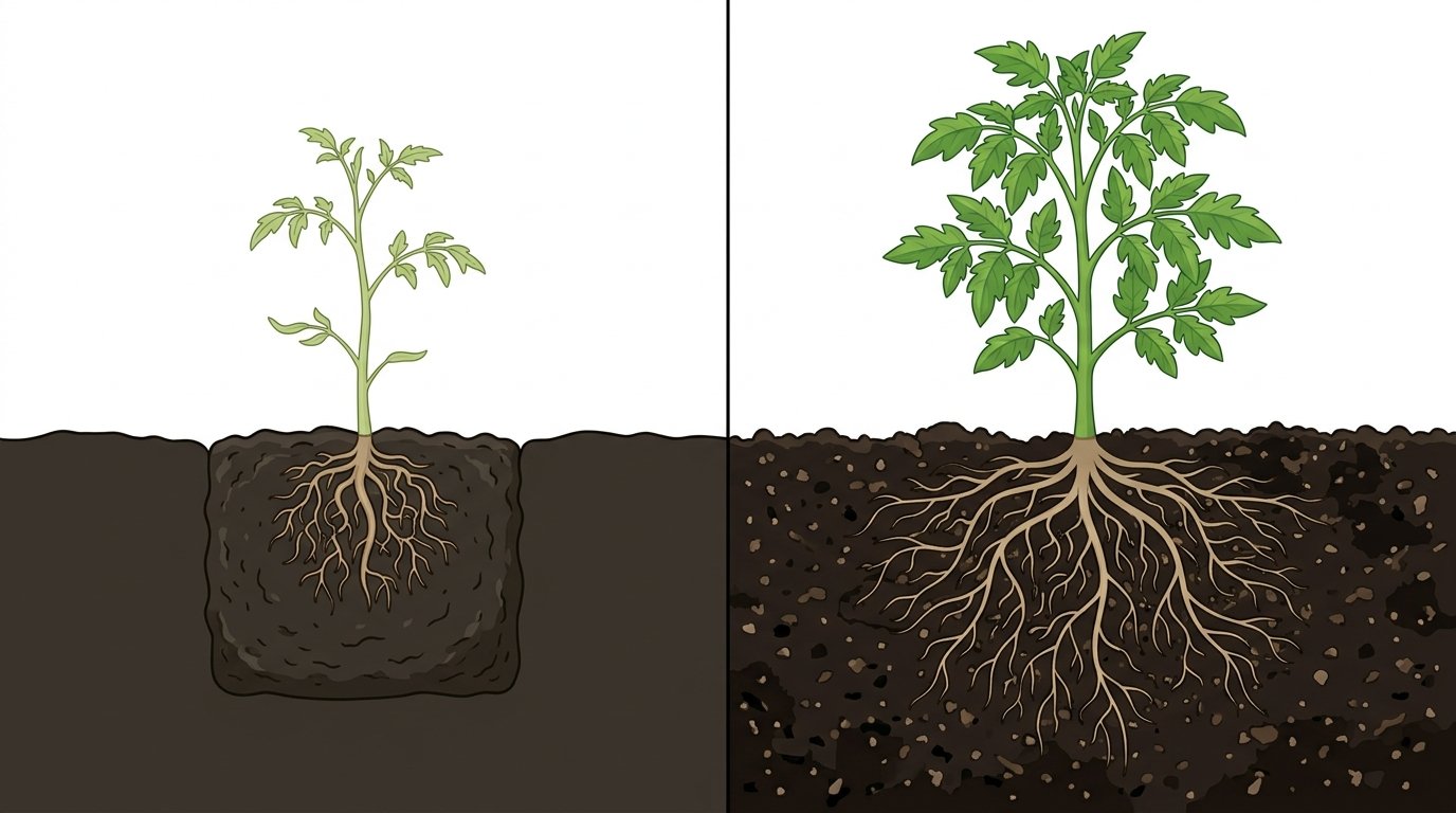 Schéma botanique éducatif montrant le système racinaire d'une tomate dans un sol dur comparé à un sol meuble