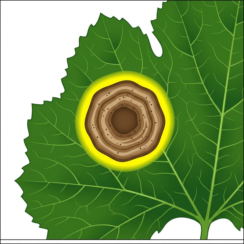 Schéma de détail d'une tache d'alternariose sur une feuille de courgette