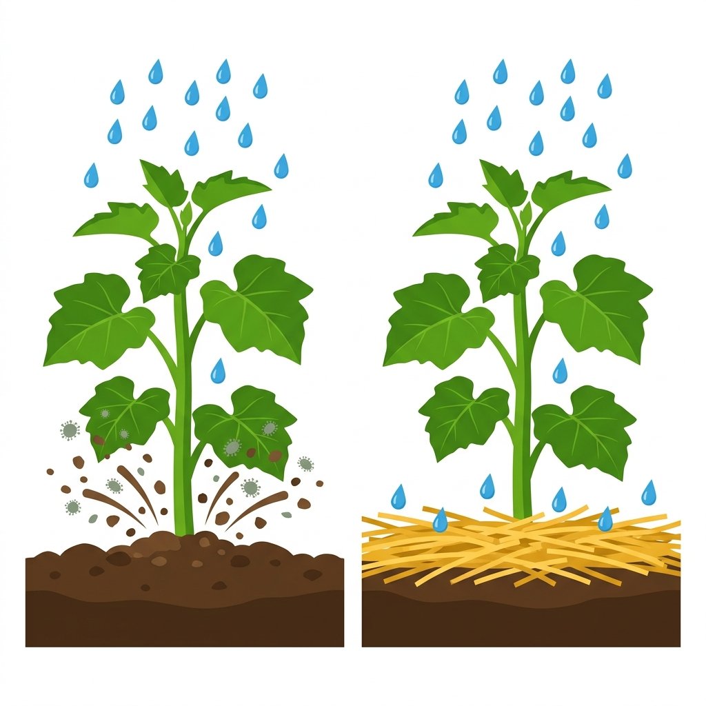 Schéma montrant l'effet du paillage contre les éclaboussures de pluie sur la courgette