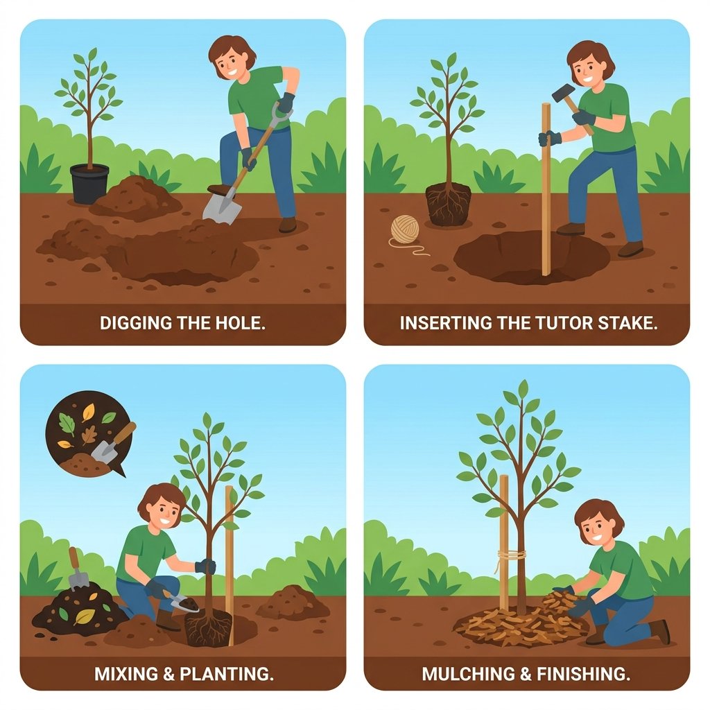 Schéma des étapes de plantation et de paillage d'un jeune arbre fruitier