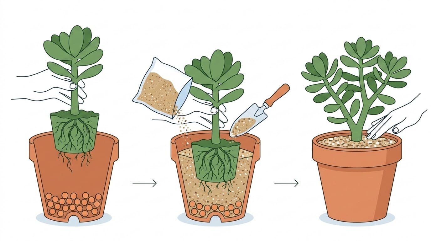 Schéma montrant le rempotage d'une plante grasse