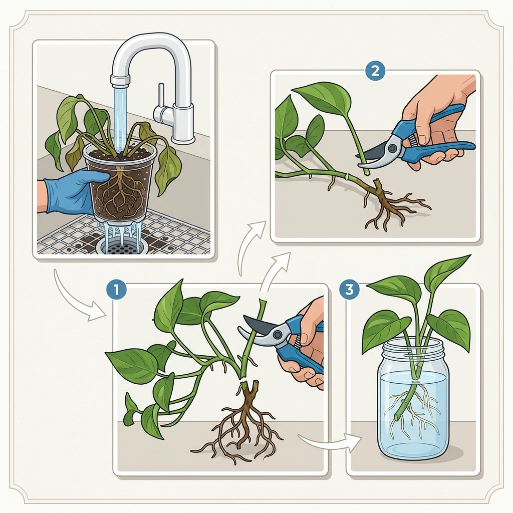 Schéma des étapes de bouturage de l'Aglaonema dans l'eau